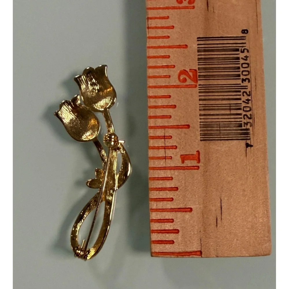 VTG Black & Gold Enamaled Gold Tone Tulip Brooch w/ Clear‎ Rhinestones